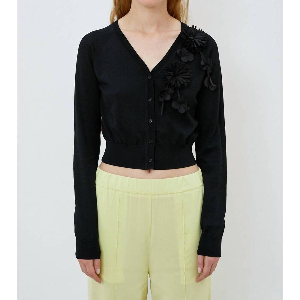 NEW MEIMEIJ short length cardigan with fabric flowers in black